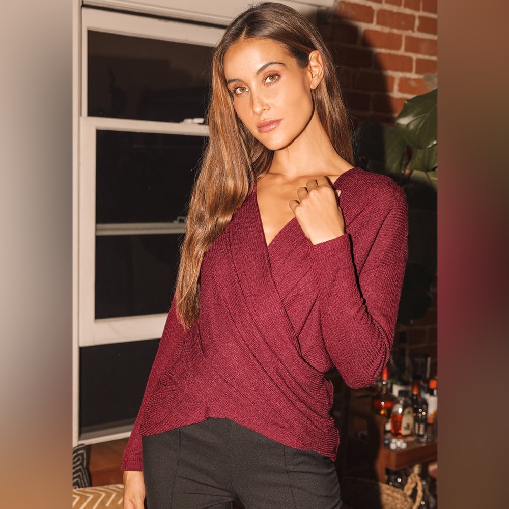 Lush Burgundy Crisscross Surplus Knit Sweater - XS